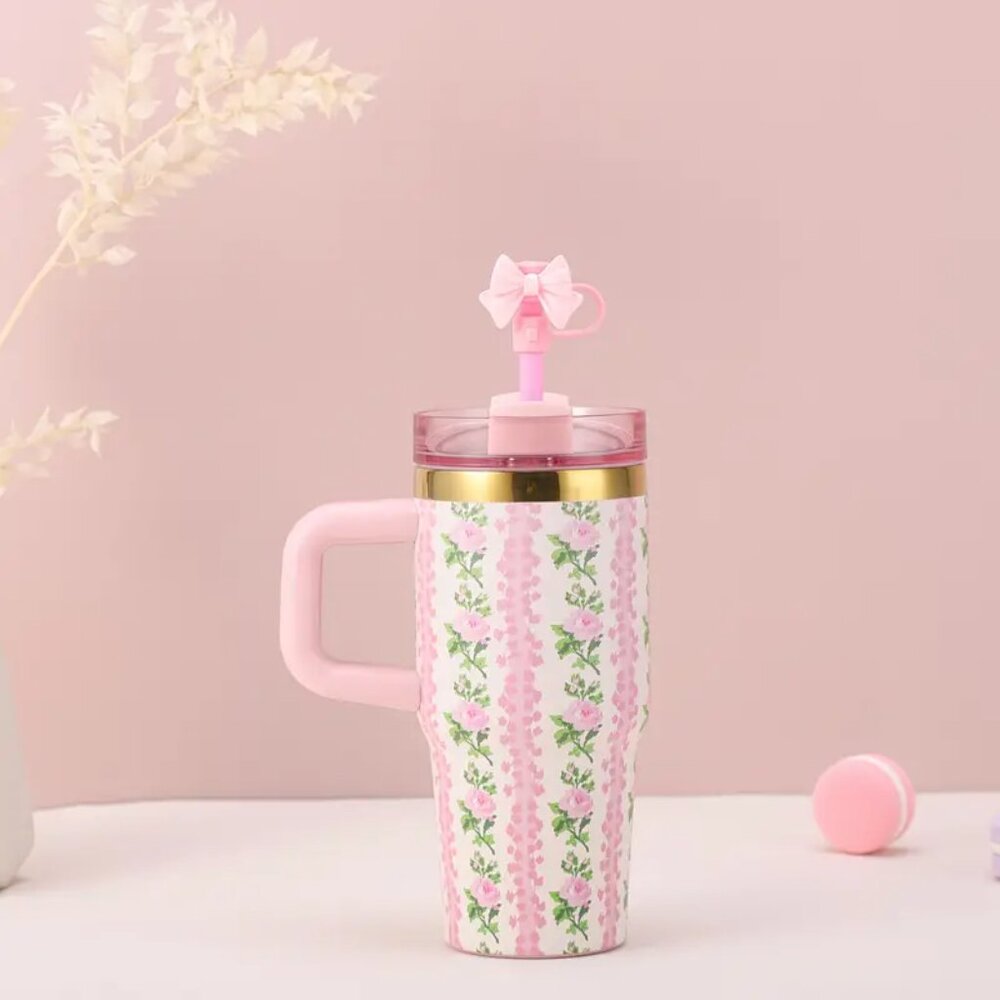 {NEW} 14oz Floral Pattern Stainless Steel Water Bottle Pink/Green